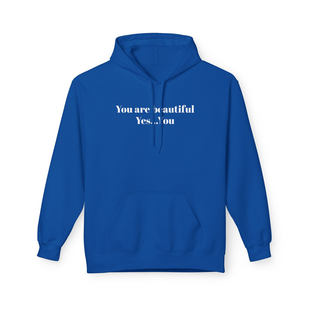 Royal blue unisex hoodie with front text graphic, pullover hood and pocket