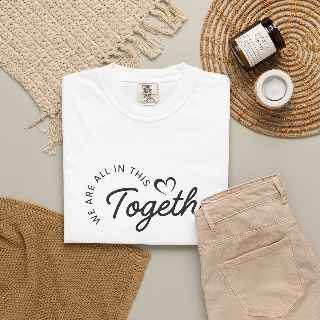 Unisex ONE Together Heart T-Shirt — "We Are All In This Together" Front Text, Australian Flag One Back Design