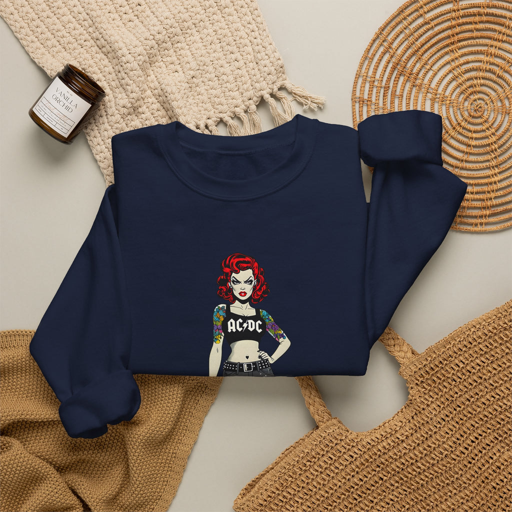 Navy crewneck sweatshirt with comic-style character graphic, long sleeves