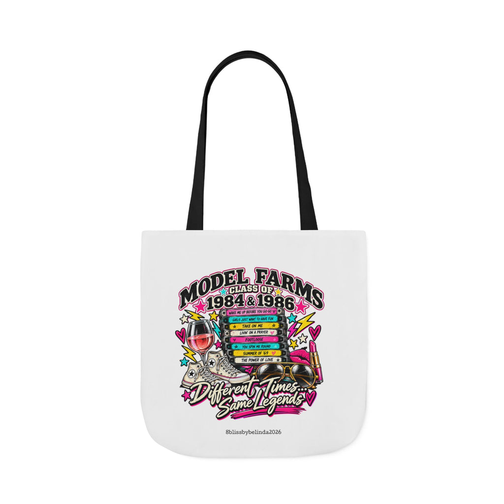 White canvas tote bag with black handles and front Model Farms class graphic print.