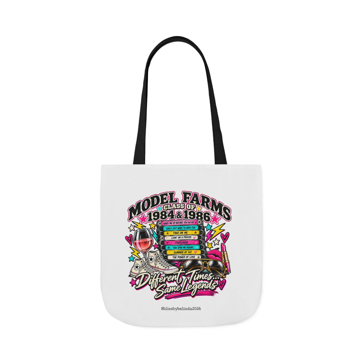 White canvas tote bag with black handles and front Model Farms class graphic print.