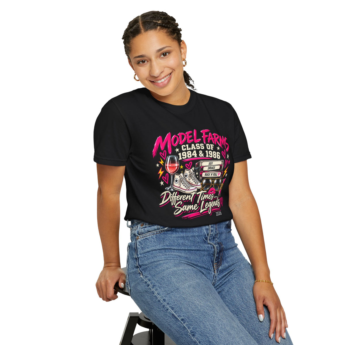 Black crewneck graphic T-shirt with pink and multicolor front logo