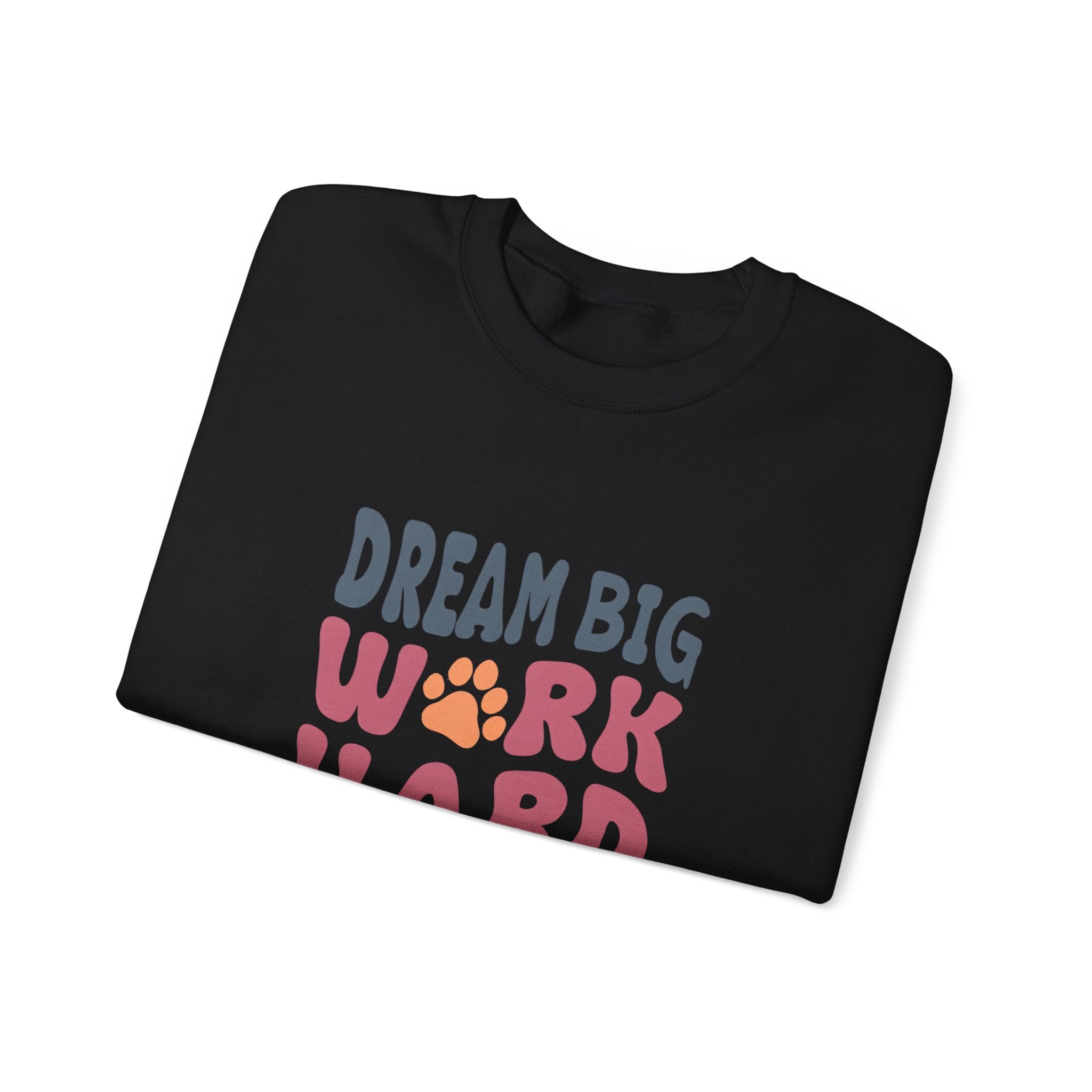 Black crewneck sweatshirt with colorful paw-print graphic, angled chest view