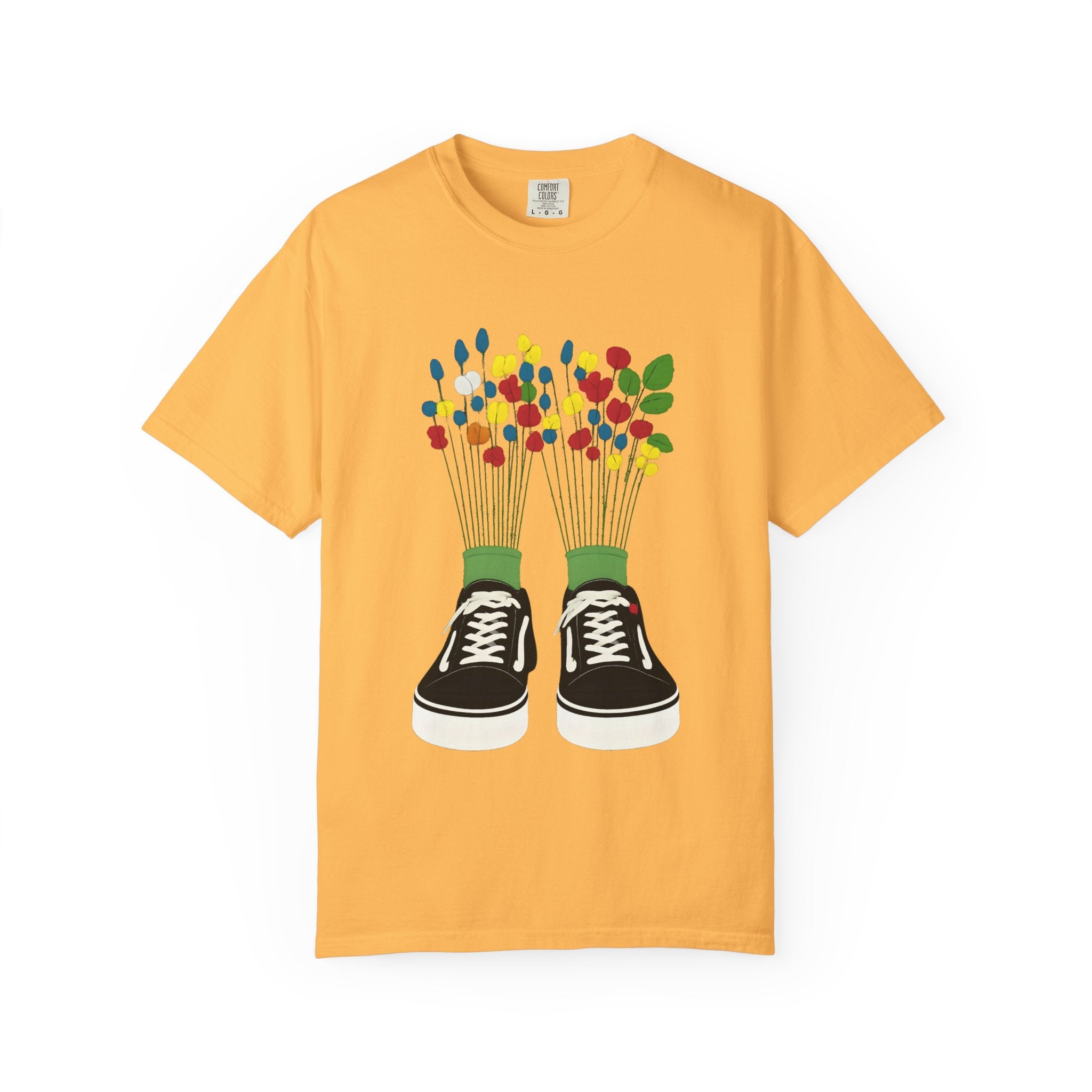 Orange T-shirt with sneaker-and-flowers graphic on the front