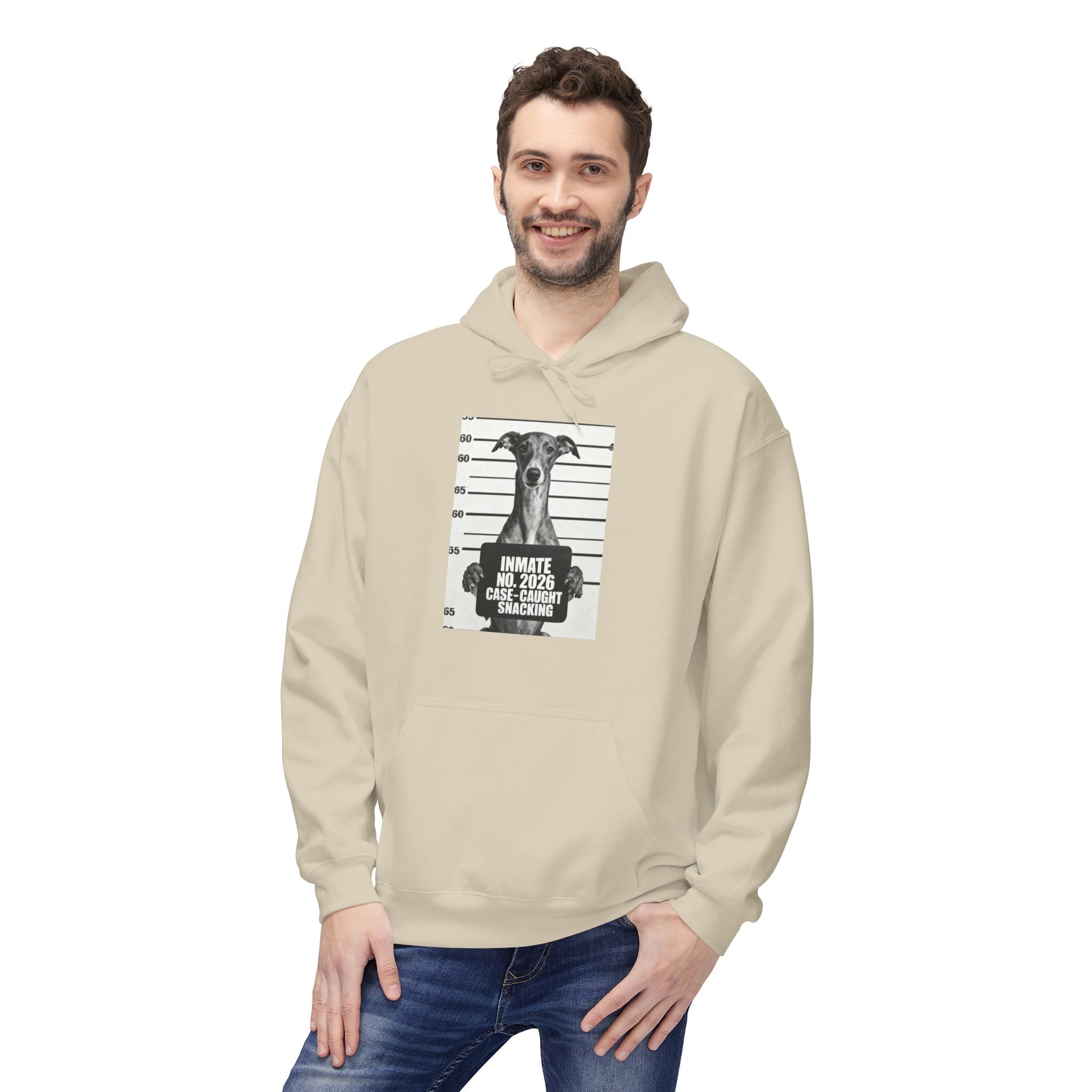 Beige hoodie with dog graphic print, front kangaroo pocket and hood
