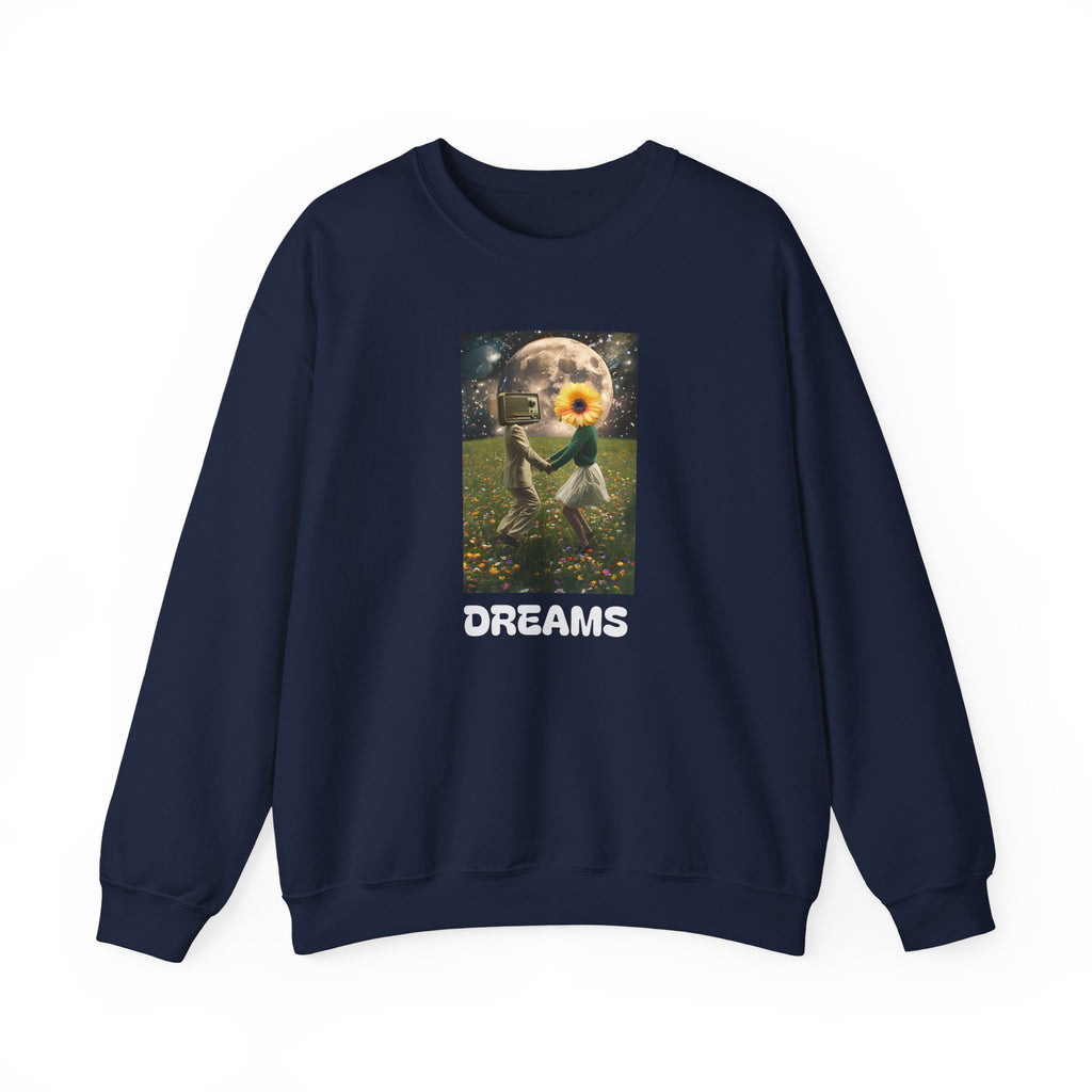 Navy sweatshirt with square front graphic and 'DREAMS' text, crew neck