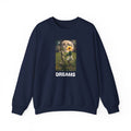 Navy sweatshirt with square front graphic and 'DREAMS' text, crew neck