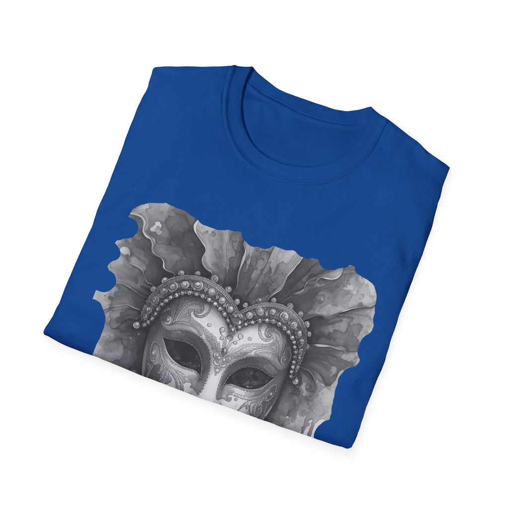 Blue face mask graphic T-shirt, crew neck short sleeves, laid flat