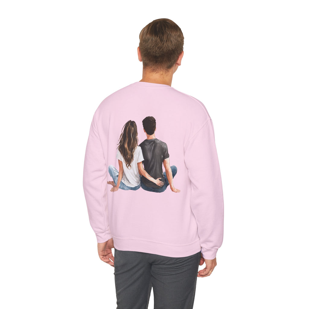 Pink crewneck sweatshirt, back graphic of couple sitting together