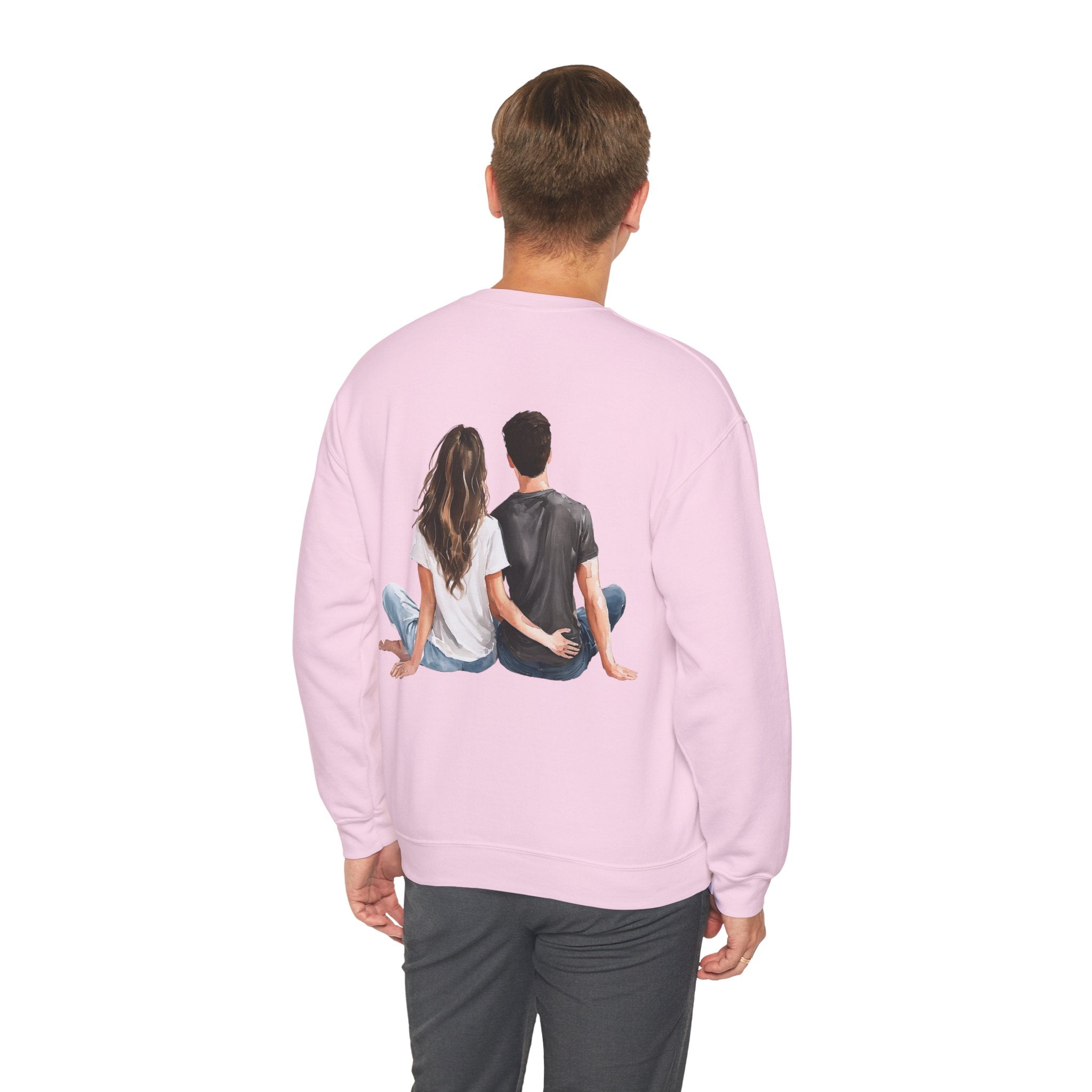 Pink crewneck sweatshirt, back graphic of couple sitting together