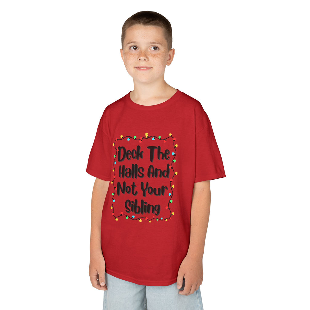 Red kids graphic tee on child, colorful holiday lights slogan design