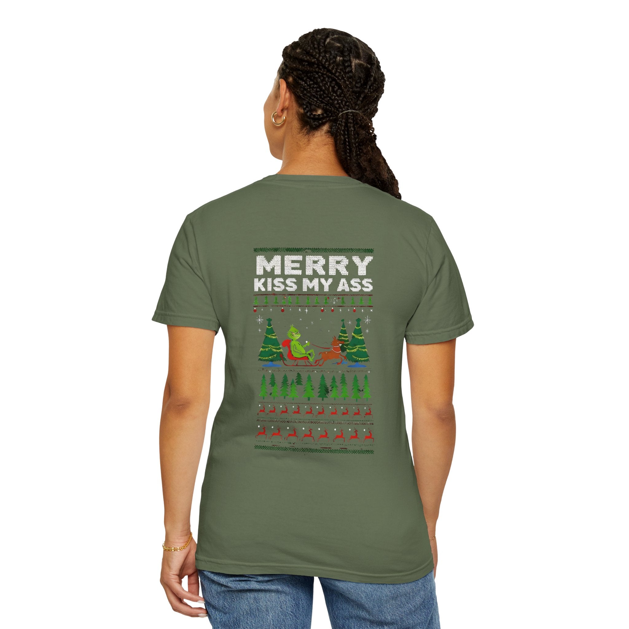 Sage green unisex T-shirt with large back graphic reading “MERRY KISS MY ASS”