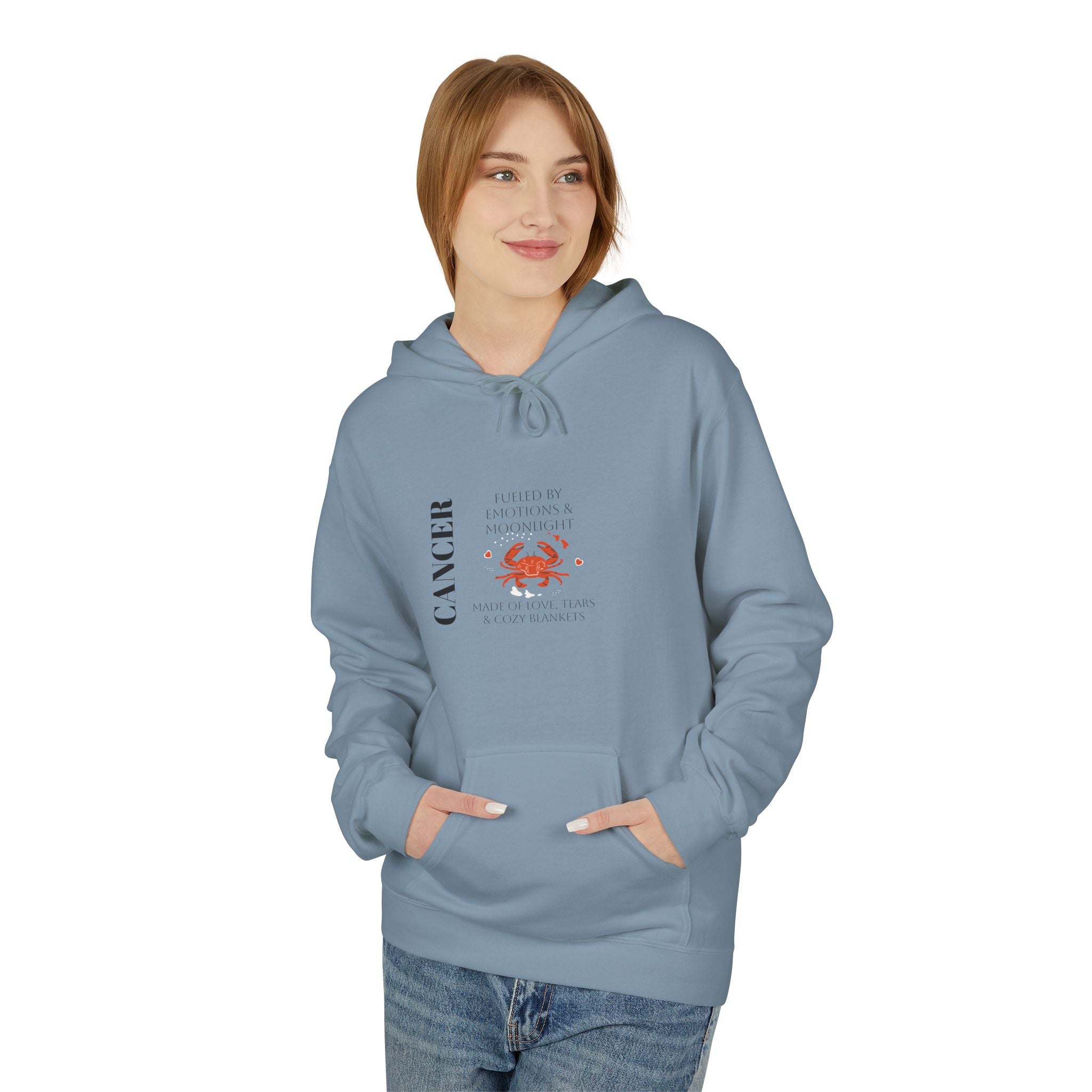 Slate blue hoodie on female model, Cancer crab graphic on chest and kangaroo pocket