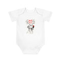 White baby bodysuit with short sleeves and Jingle Bells reindeer-nose dog graphic