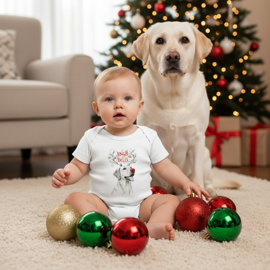 White baby bodysuit with Jingle Bells reindeer-nose dog print, short sleeves