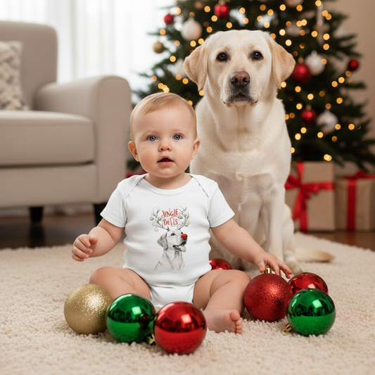 Holiday Puppy White Bodysuit – "Jingle Bells" Reindeer Nose Baby Onesie