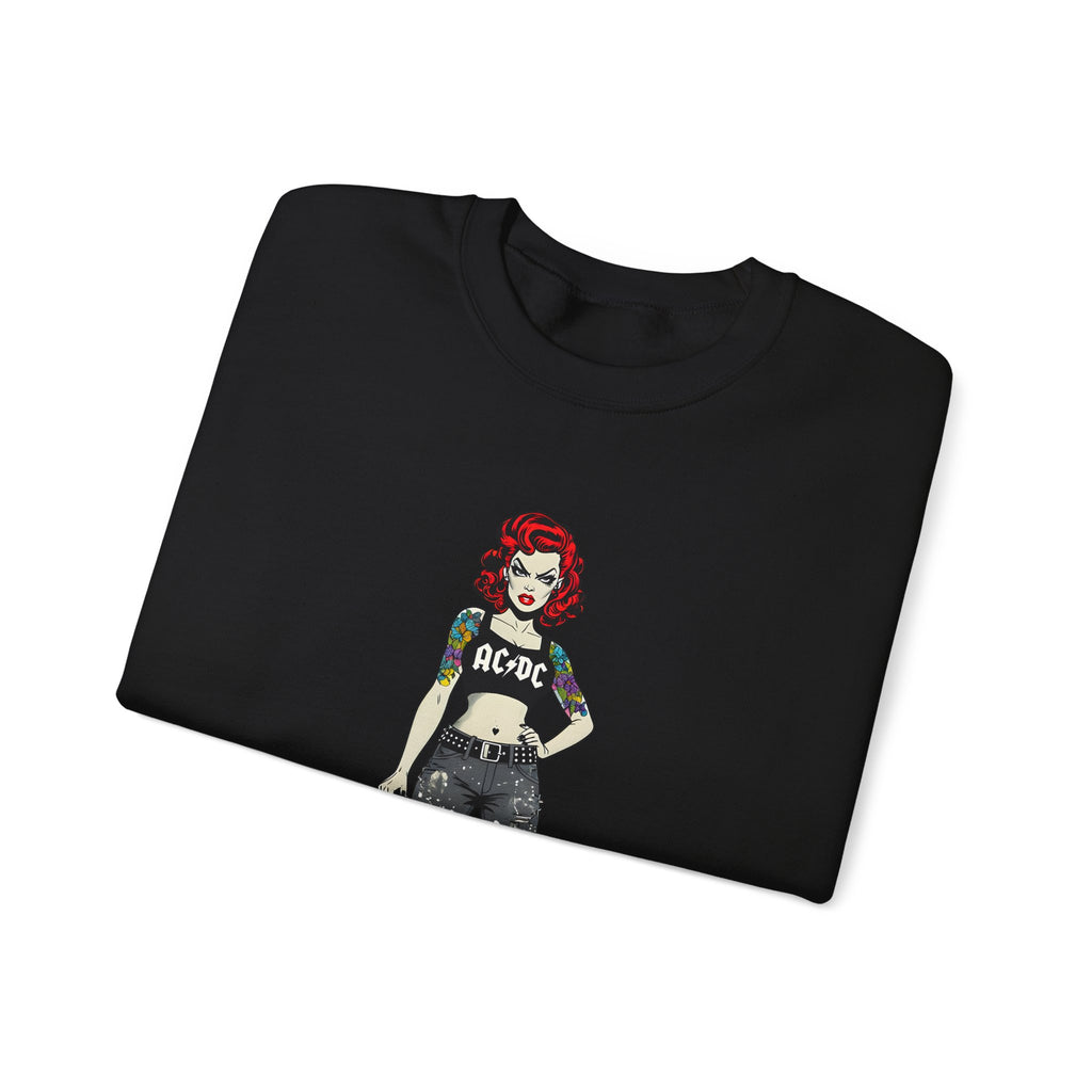 Black sweatshirt folded with comic-style AC/DC rock girl graphic on front