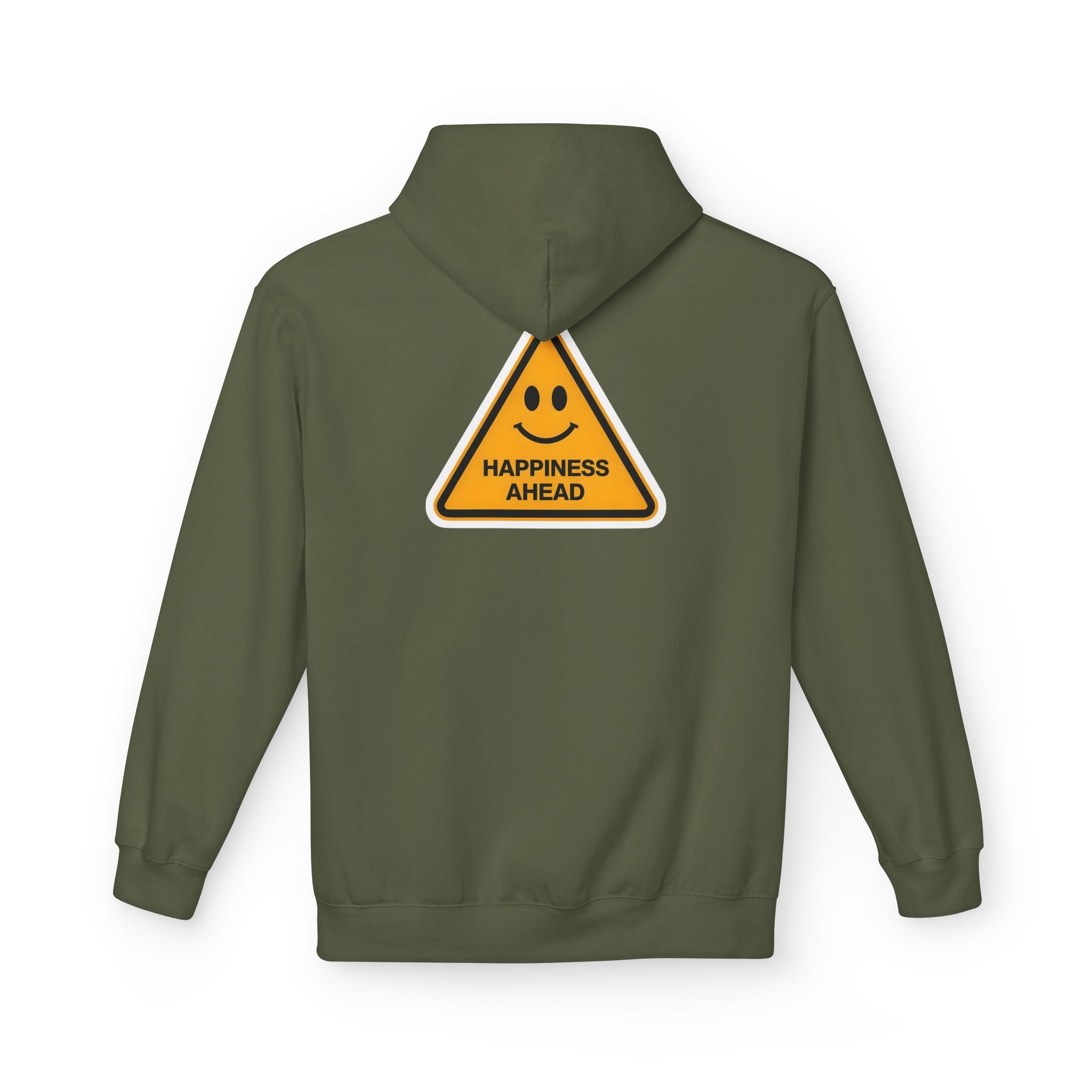 Olive green unisex hoodie with Happiness Ahead triangle graphic on chest