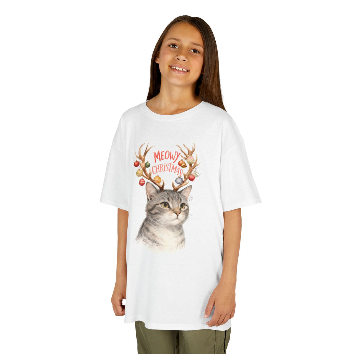 Kids Christmas Cat T‑Shirt — “Meowy Christmas” Reindeer Antler Design