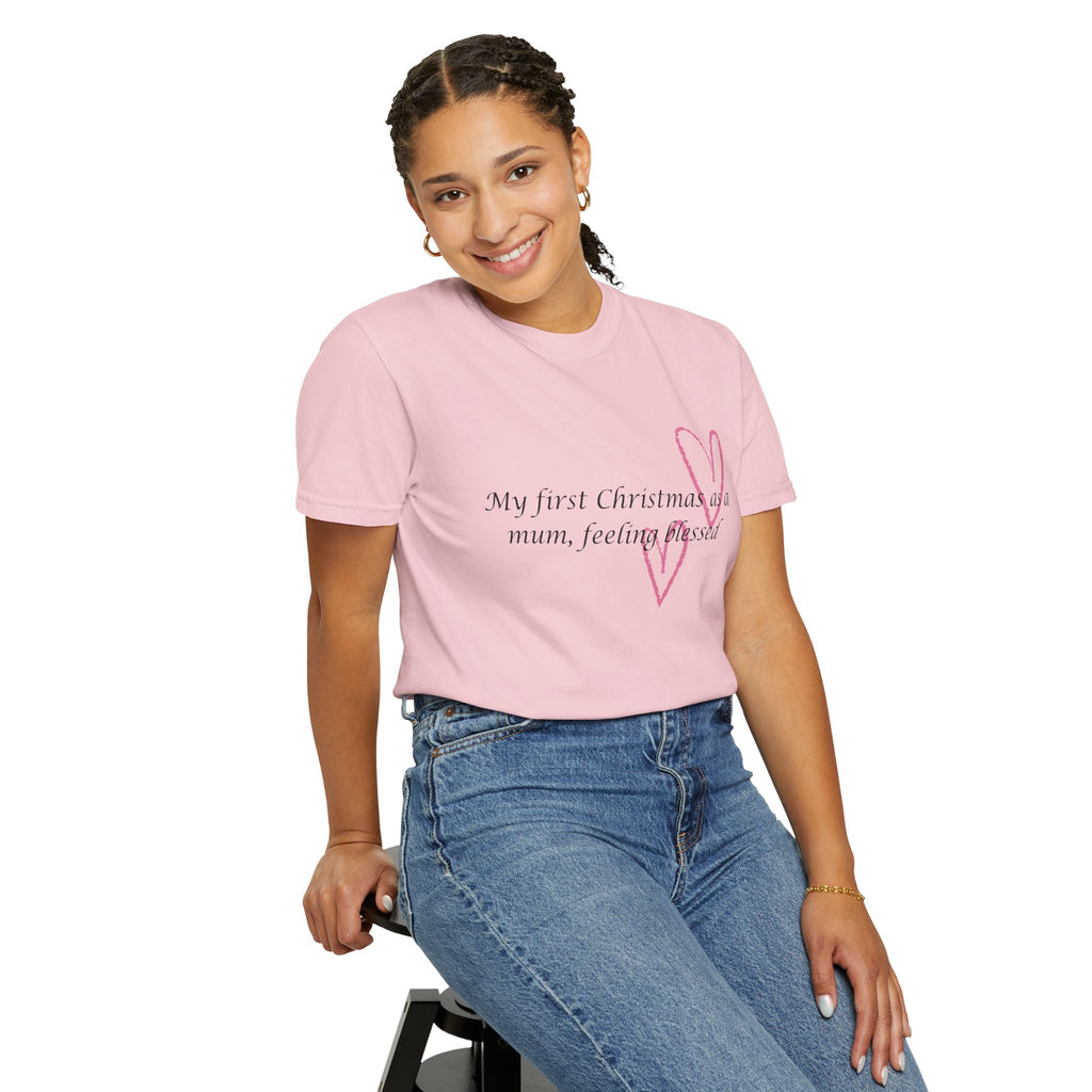 Light pink Christmas mum T-shirt worn by a woman, featuring heart outline and “feeling blessed” text