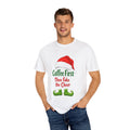 White unisex Christmas T-shirt with Santa hat and Coffee First Then Fake the Cheer front print