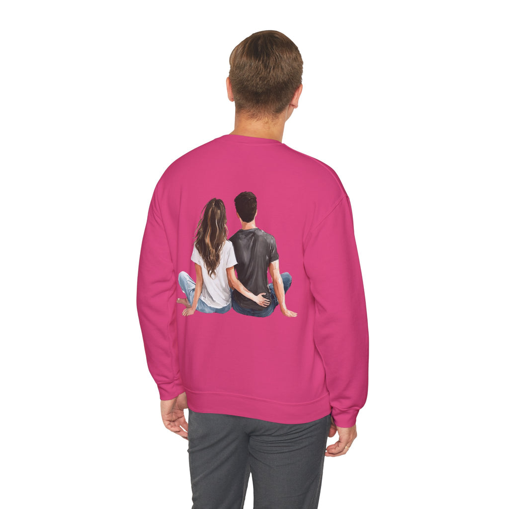 Magenta crewneck sweatshirt, back graphic of couple sitting together