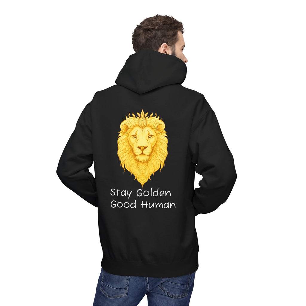 Black unisex hoodie, back view with golden lion head and “Stay Golden Good Human” text