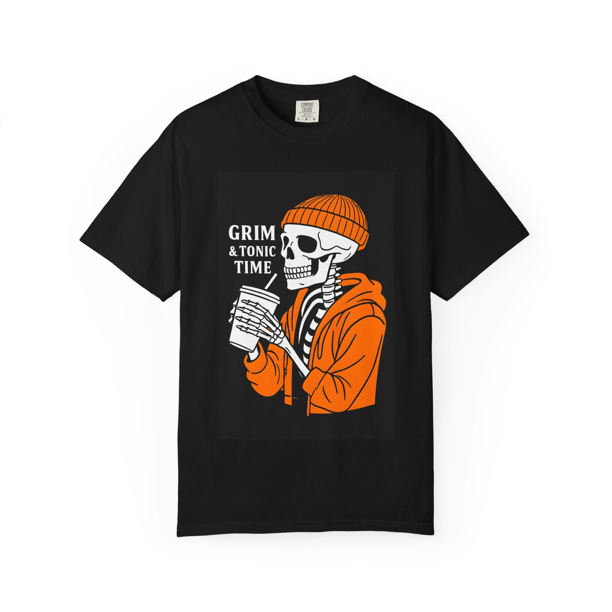 Black unisex T-shirt with skeleton holding cup graphic, orange beanie