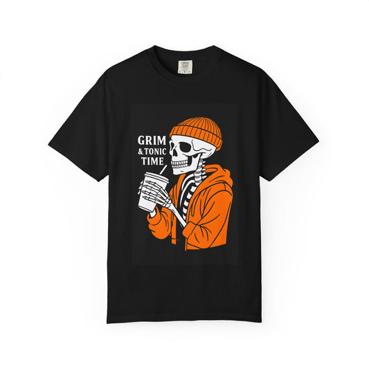 Grim A Tonic Time Skeleton Black T-Shirt, Unisex Graphic Tee, Halloween Apparel, Casual Style, Perfect for Spooky Season, Gift for Horror Fans
