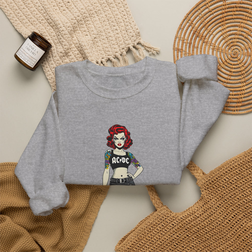 Sport grey crewneck sweatshirt with comic-style character graphic, long sleeves