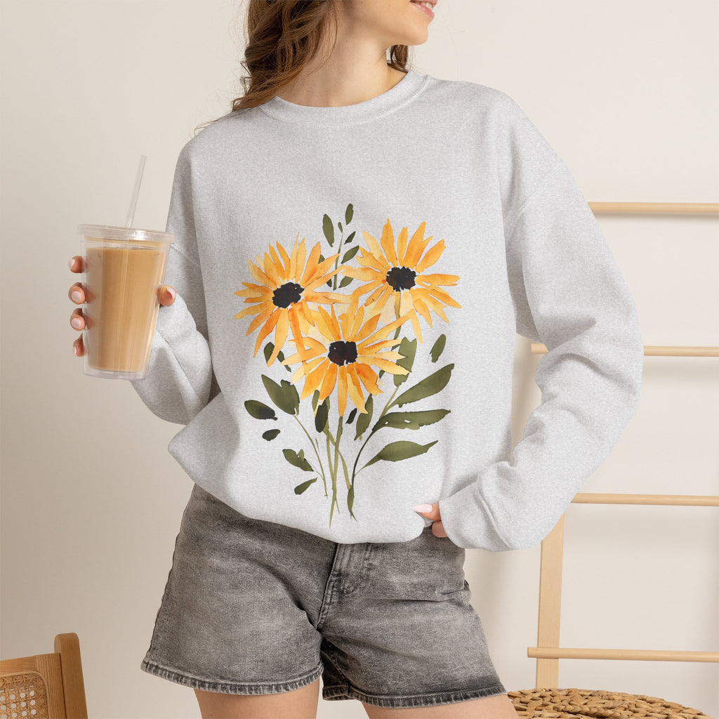 Ash grey crewneck sweatshirt with orange sunflower bouquet graphic on the front