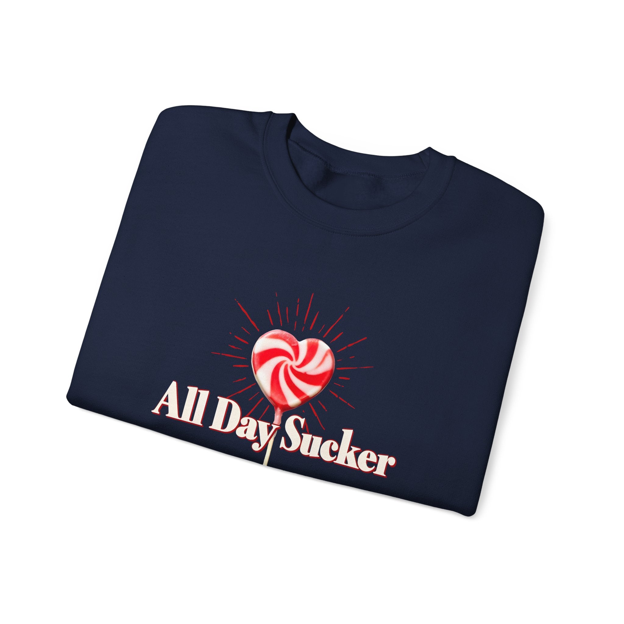 Navy graphic lollipop heart sweatshirt, close-up red candy and text print