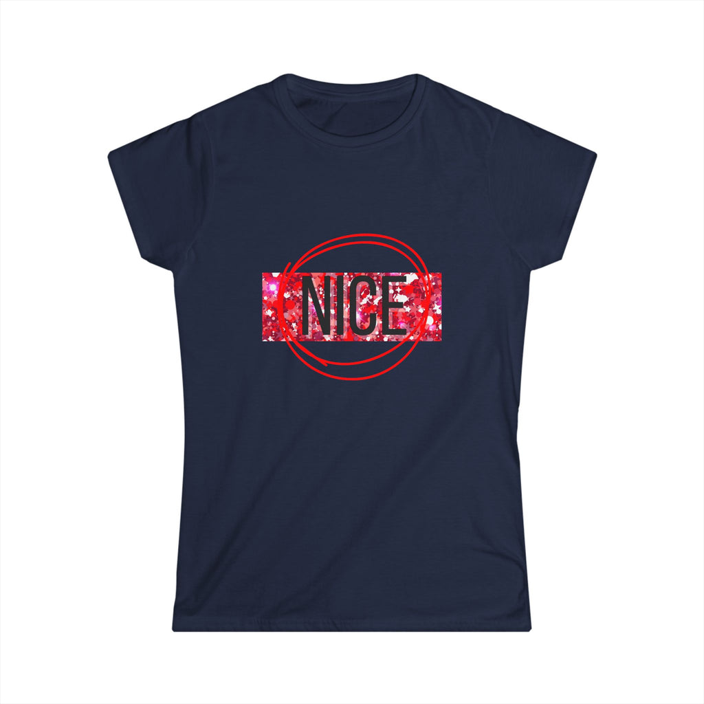 Women’s graphic tee, navy, “NICE” front print with red circle