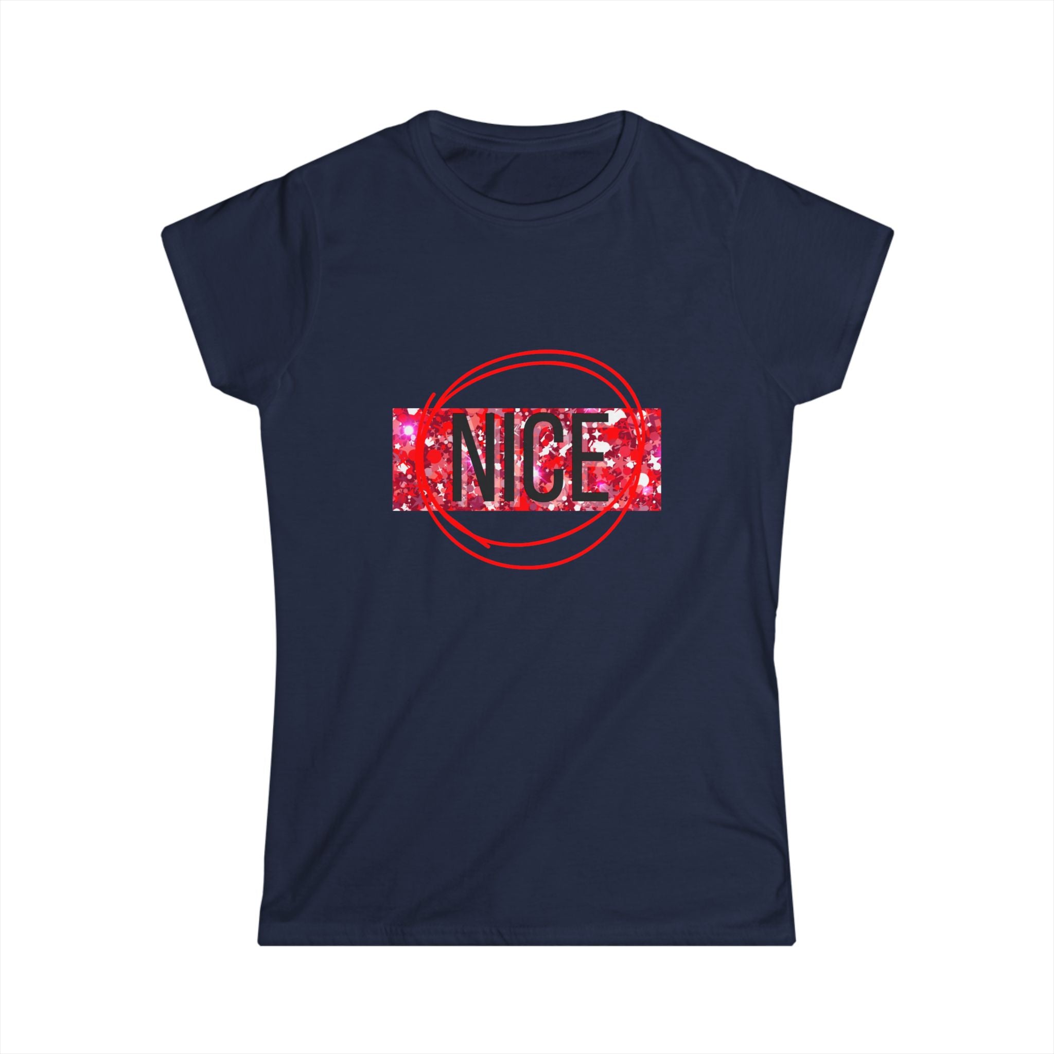 Women’s graphic tee, navy, “NICE” front print with red circle