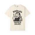 Ivory cotton T-shirt with black 'DADcula' graphic, fanged character holding coffee and lollies