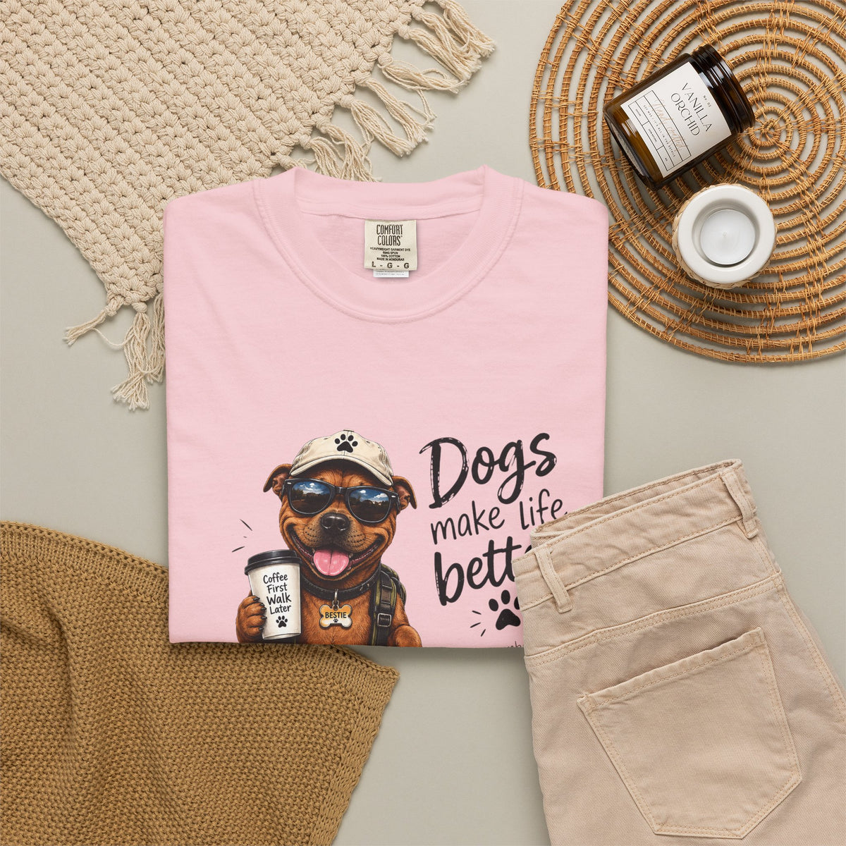 Dog Lovers Staffy T‑Shirt — "Dogs Make Life Better" Graphic Tee
