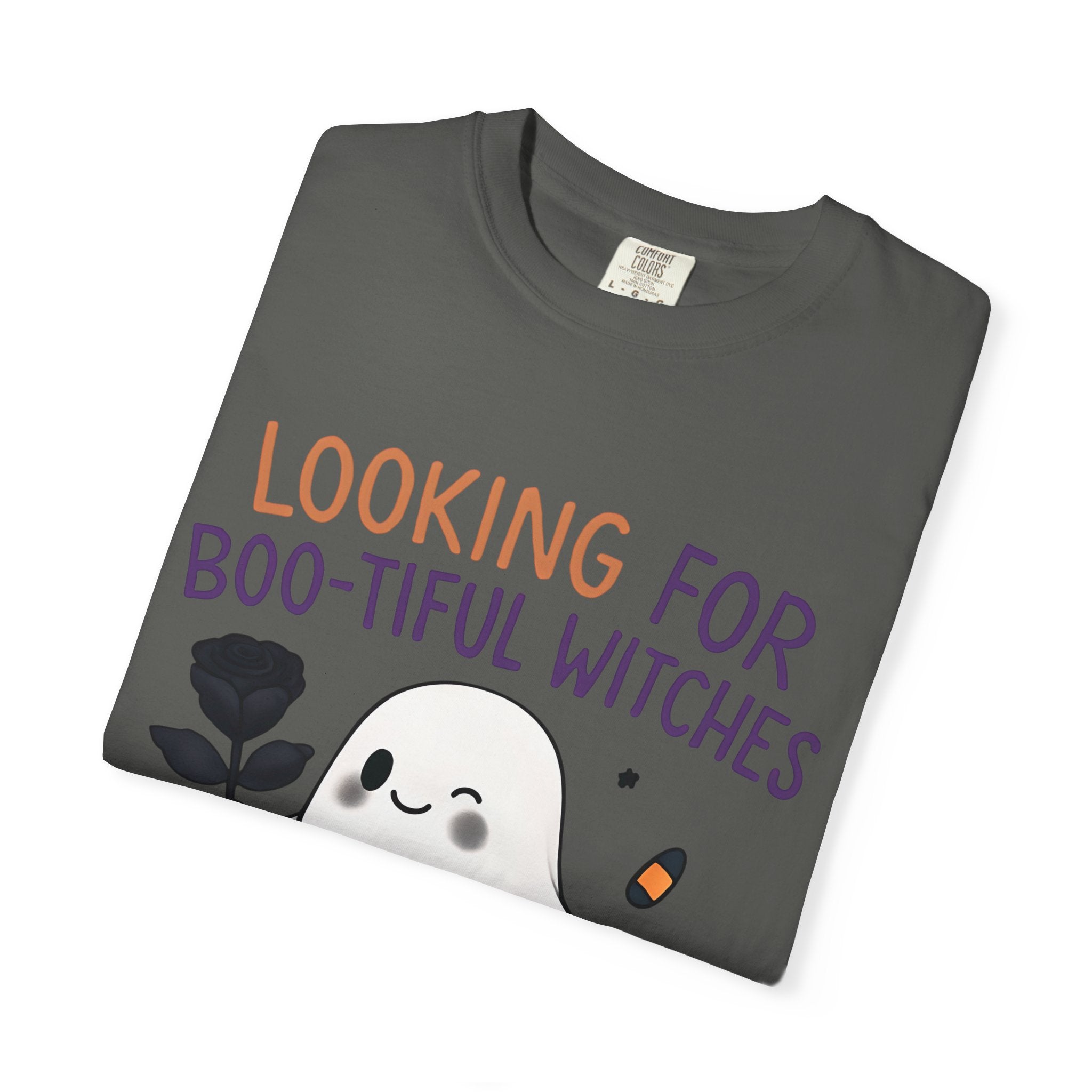 Dark gray crewneck T-shirt with ghost graphic and multicolor Halloween lettering