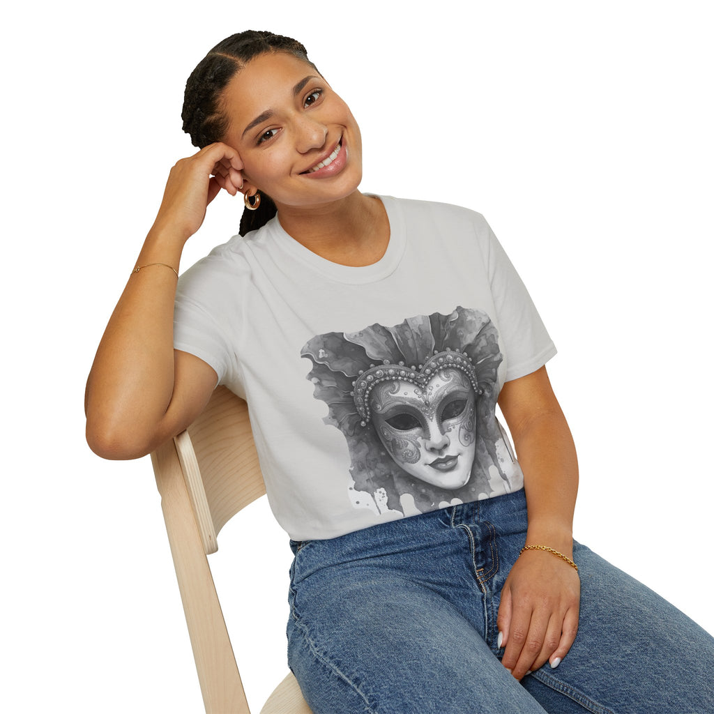 White crew-neck face mask graphic t-shirt, short sleeves