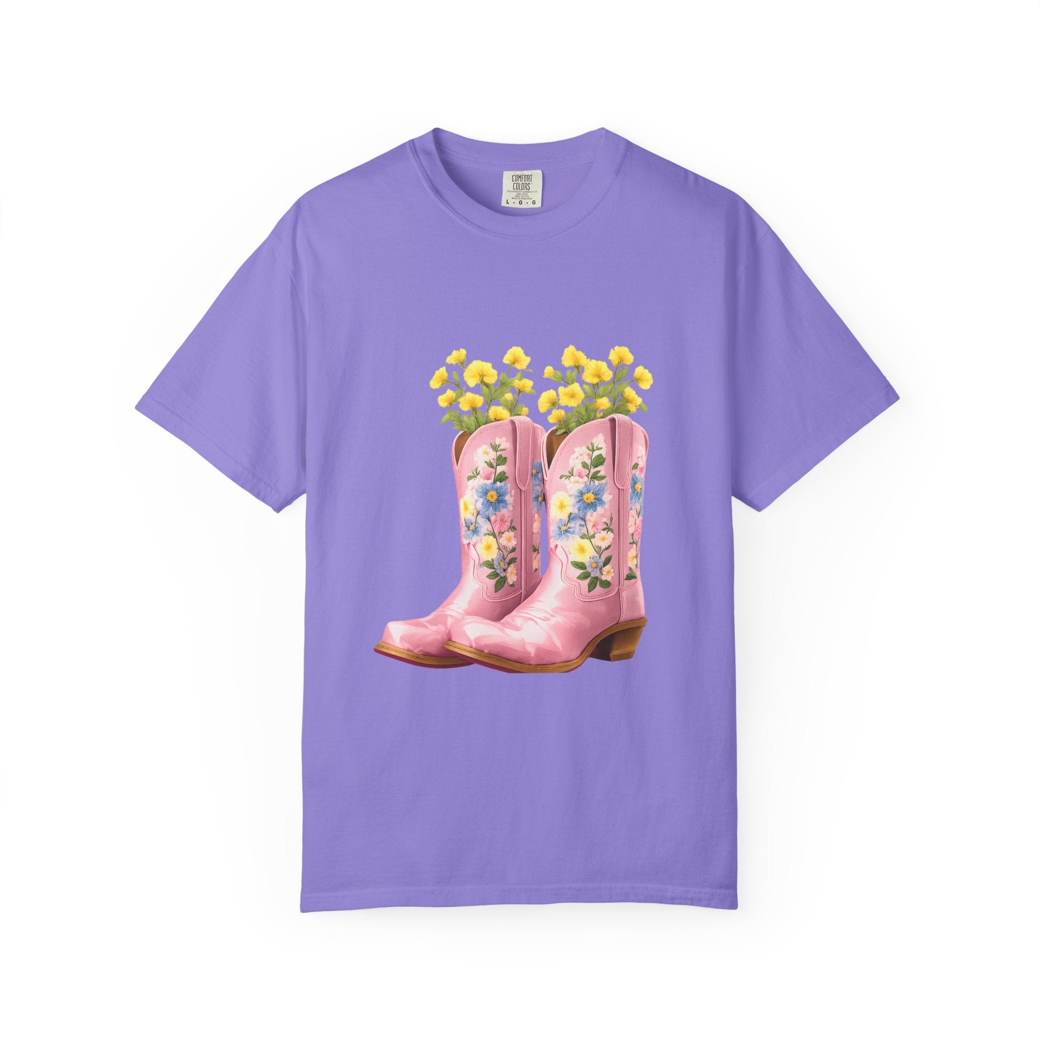 Purple crew-neck T-shirt with floral cowboy boot graphic featuring yellow flowers.