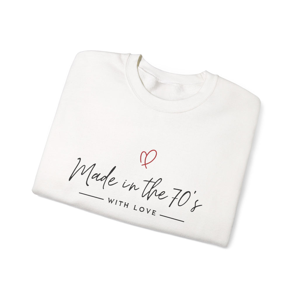 Unisex crewneck sweatshirt, white with “Made in the 70’s” heart graphic