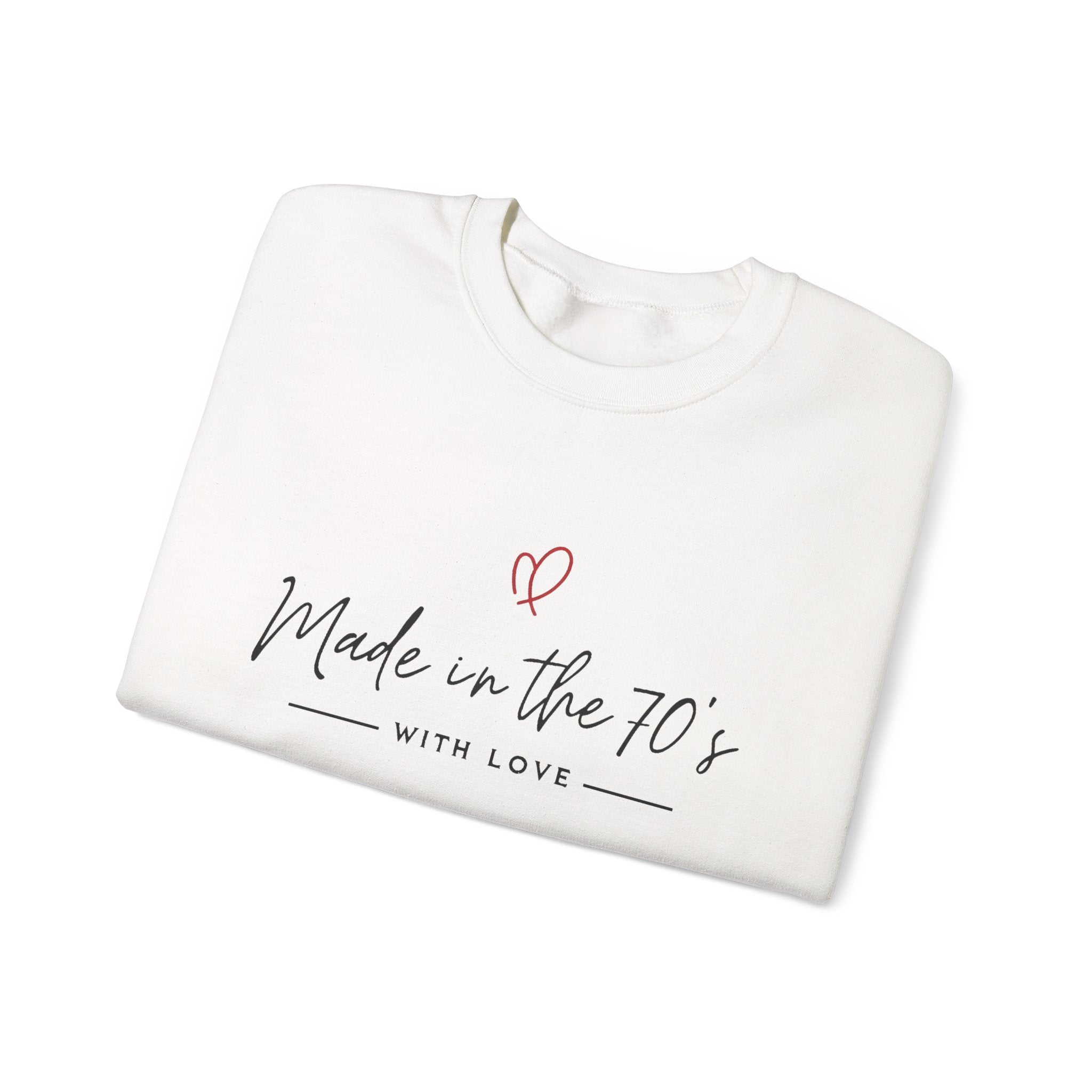 Unisex crewneck sweatshirt, white with “Made in the 70’s” heart graphic