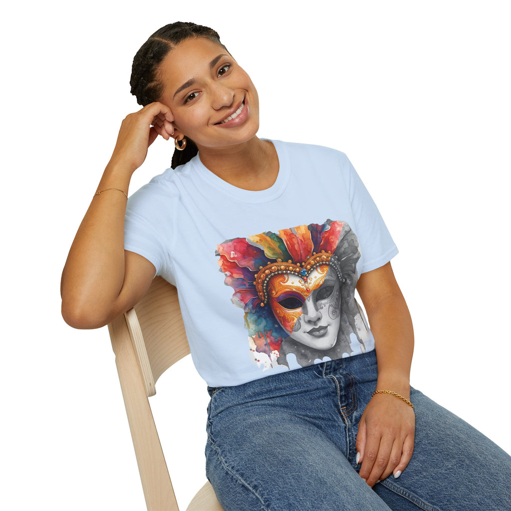 Light blue crew-neck t-shirt with watercolor masquerade face mask graphic, side view