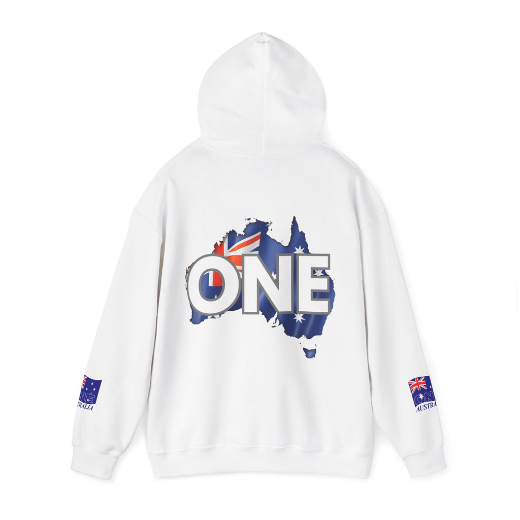 Unisex Australia ONE Map Hoodie — "All In This Together" Patriotic Pullover, Sleeves and Back design