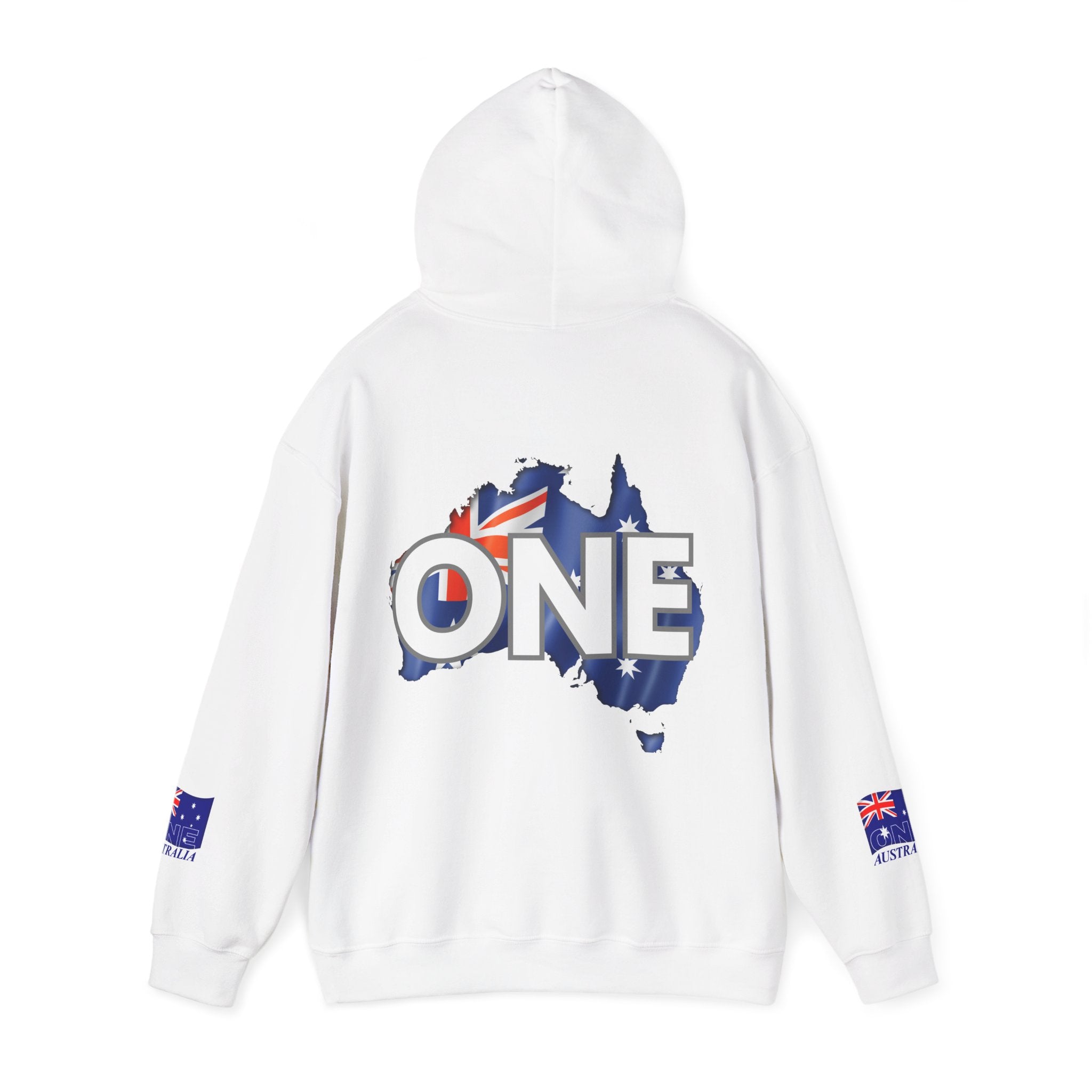 Unisex Australia ONE Map Hoodie — "All In This Together" Patriotic Pullover, Sleeves and Back design