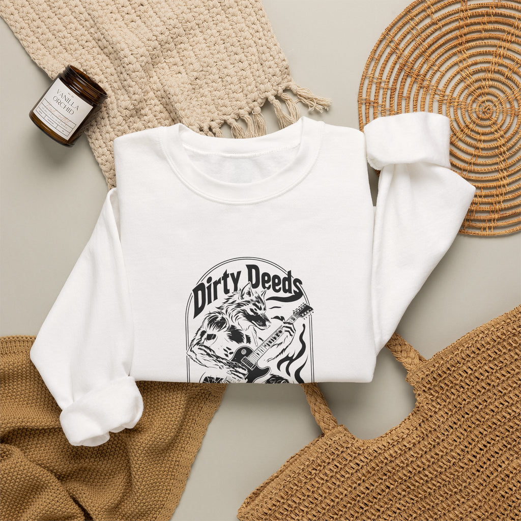 Crewneck Sweatshirt — 'Dirty Deeds Done Dirt Cheap' Retro Skull Graphic