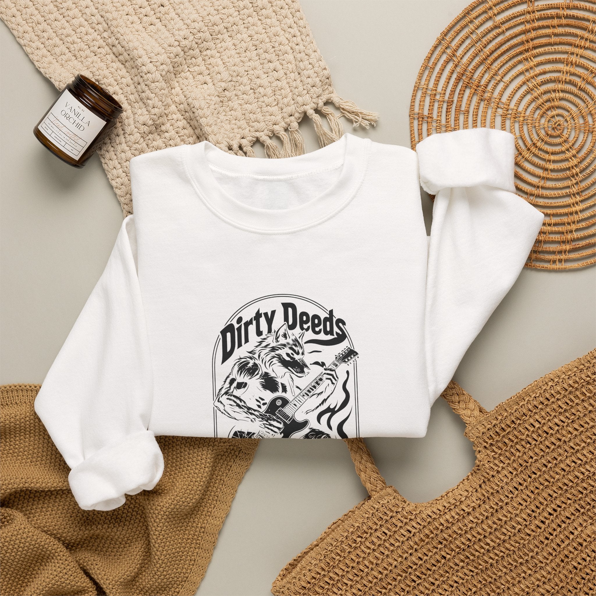 White crewneck sweatshirt with front skull and guitar graphic, crew neckline
