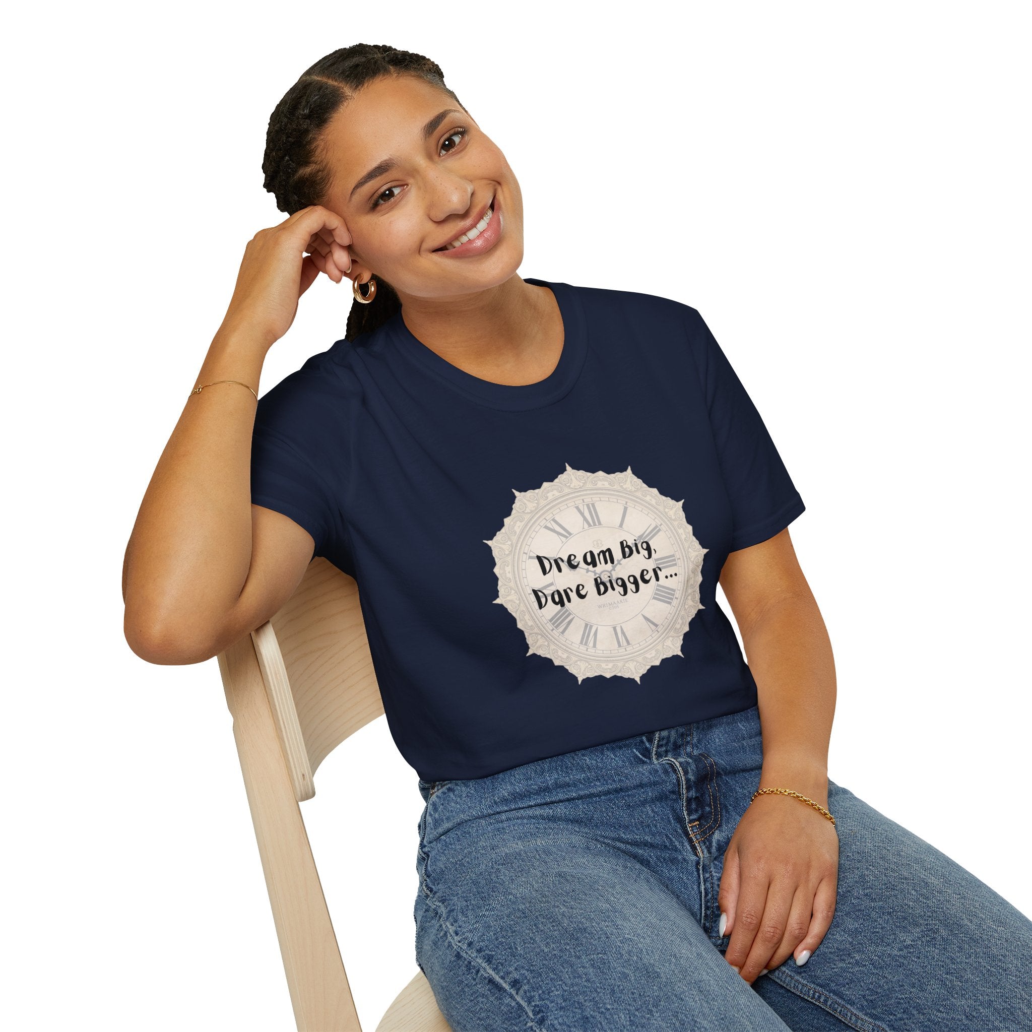 Navy T-shirt with Dream Big, Dare Bigger... clock print