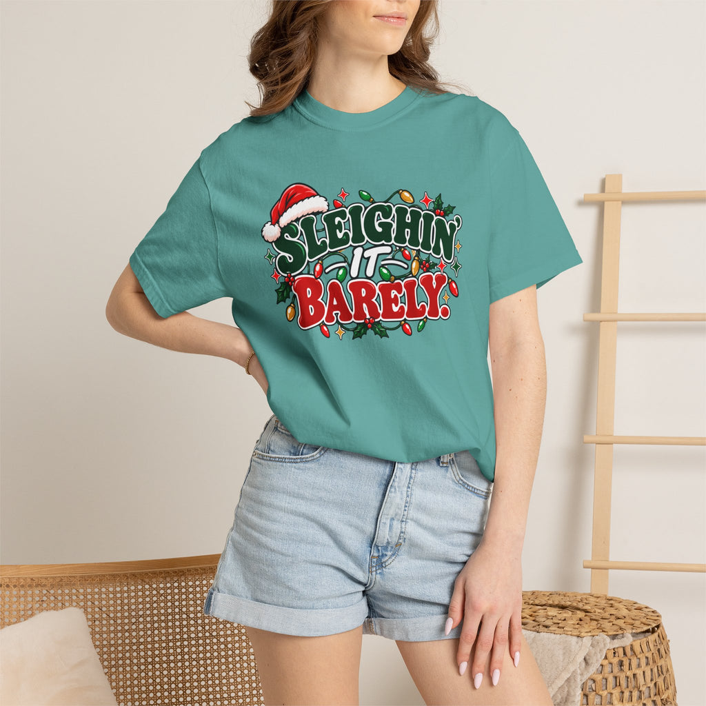 Teal crew-neck T-shirt with 'Sleighin' It Barely' front holiday graphic