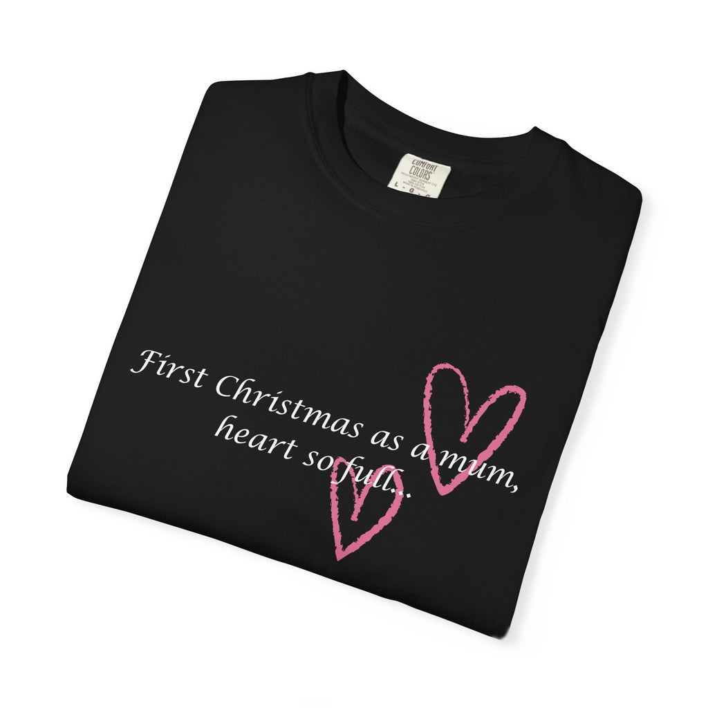 Black Christmas mum heart T-shirt with pink heart and “First Christmas as a mum” text