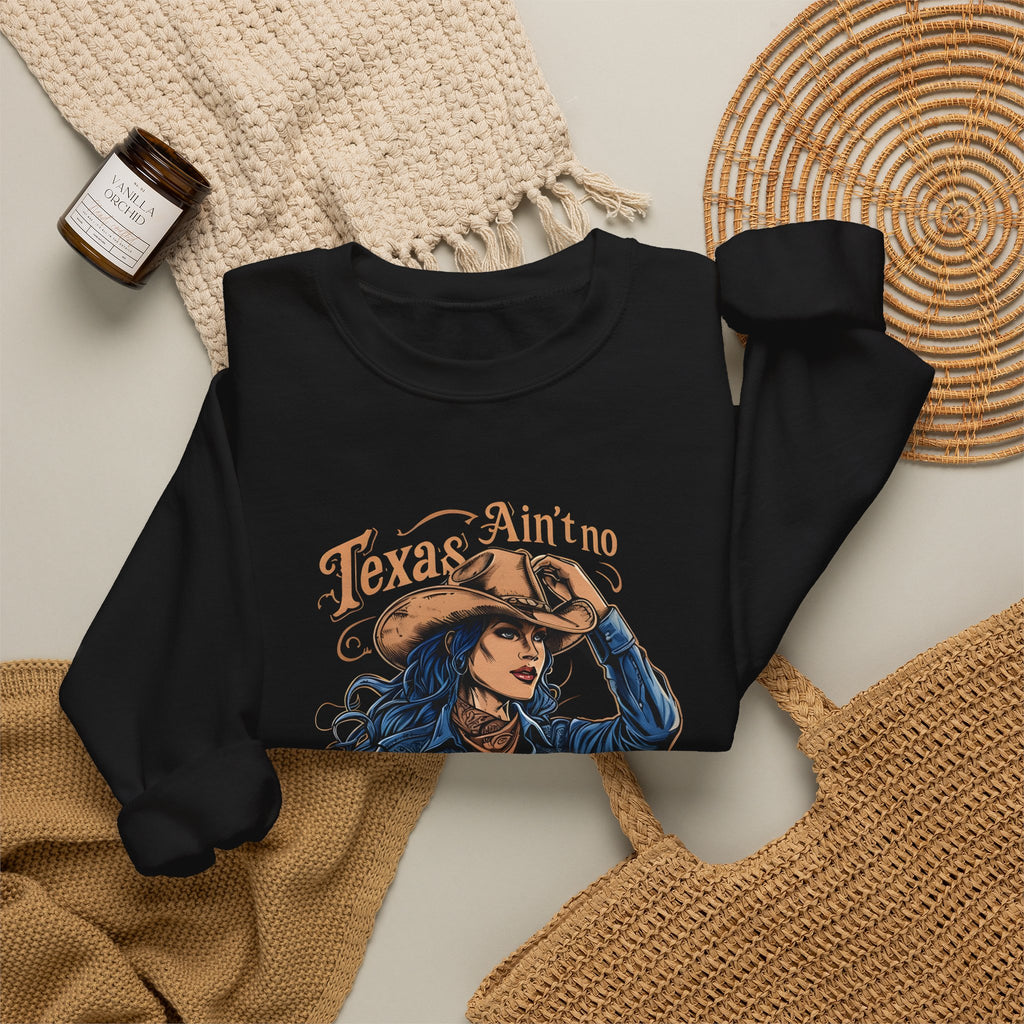 Black crewneck sweatshirt with cowgirl graphic and long sleeves